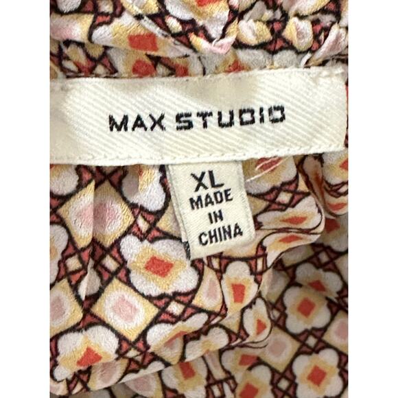 Max Studio pink yellow print short ruffle sleeves blouse size XL - Picture 3 of 11